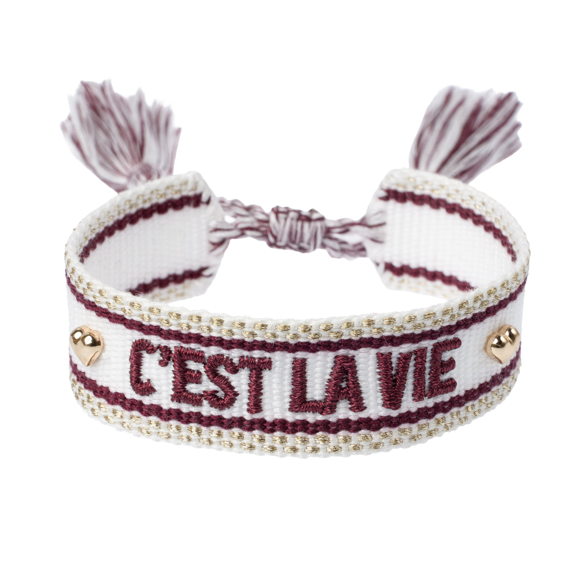 WOVEN FRIENDSHIP BRACELET "C'est La Vie" WHITE W/BORDEAUX & GOLD