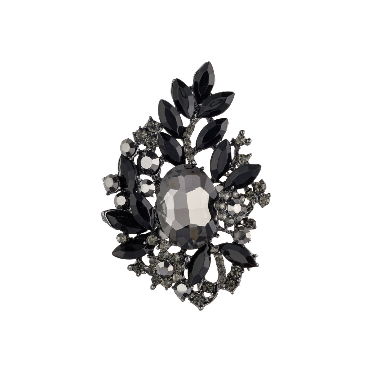 CRYSTAL LEAF BROOCH LARGE BLACK GUN