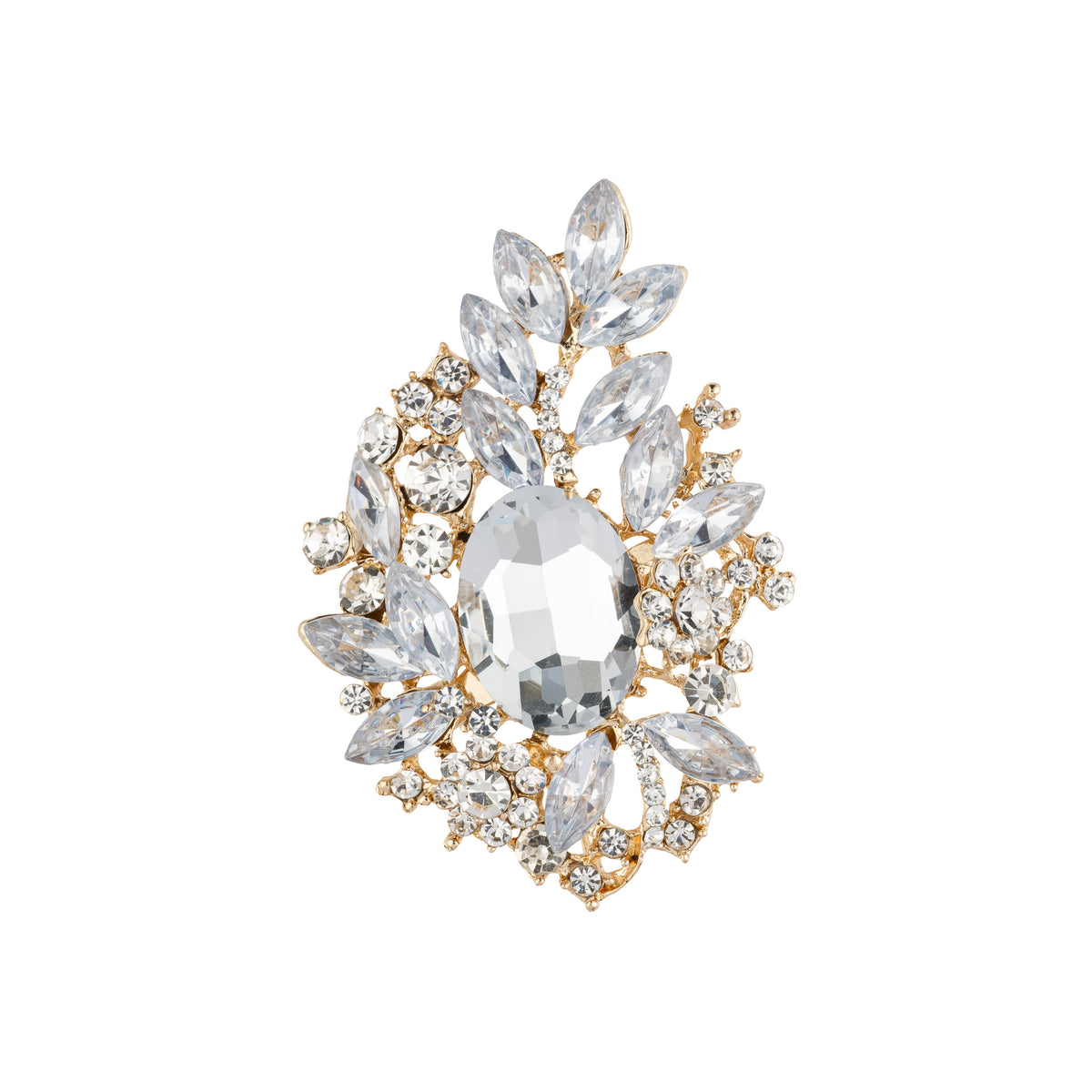 CRYSTAL LEAF BROOCH LARGE GOLD
