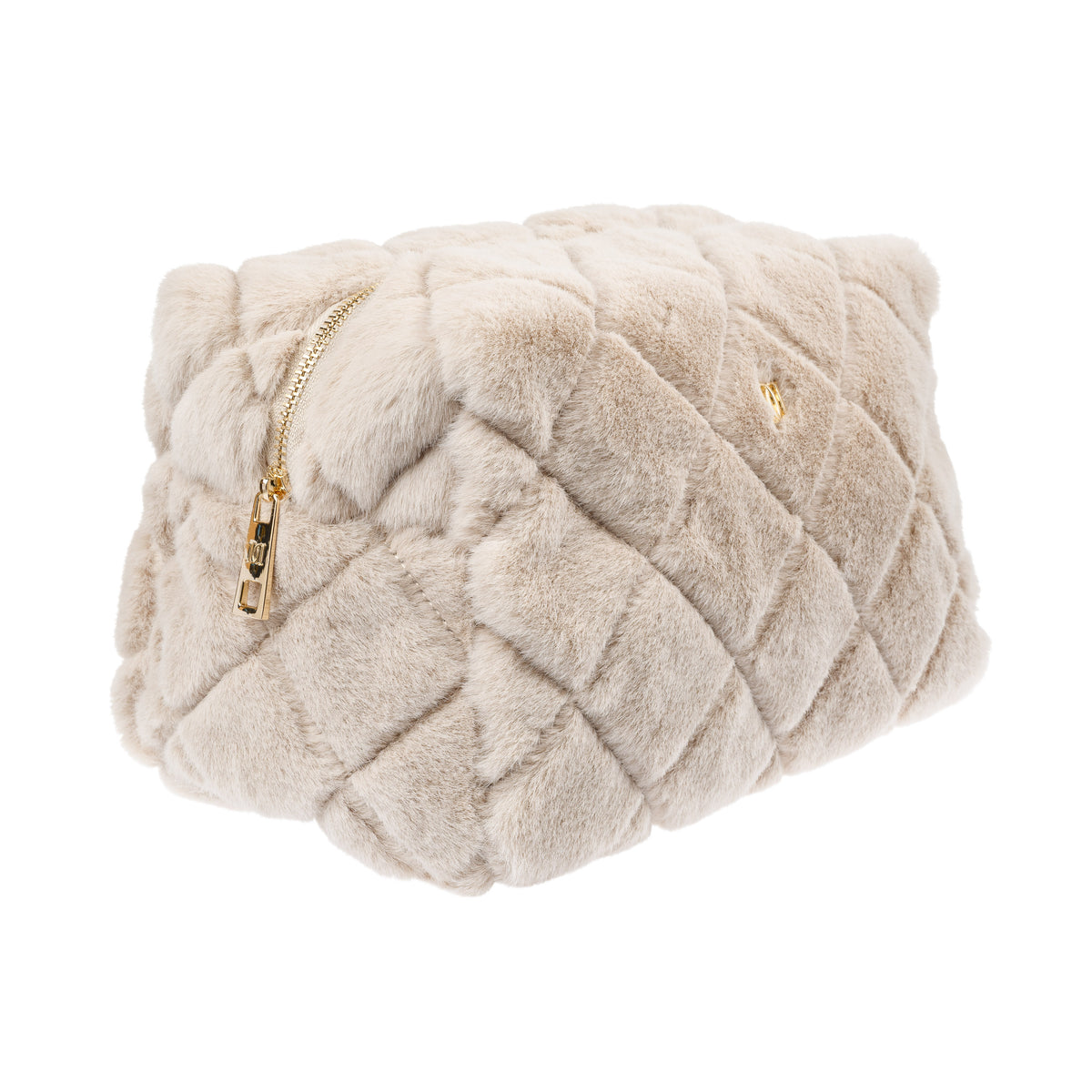 FAUX FUR QUILTED MAKE-UP POUCH LARGE SAND