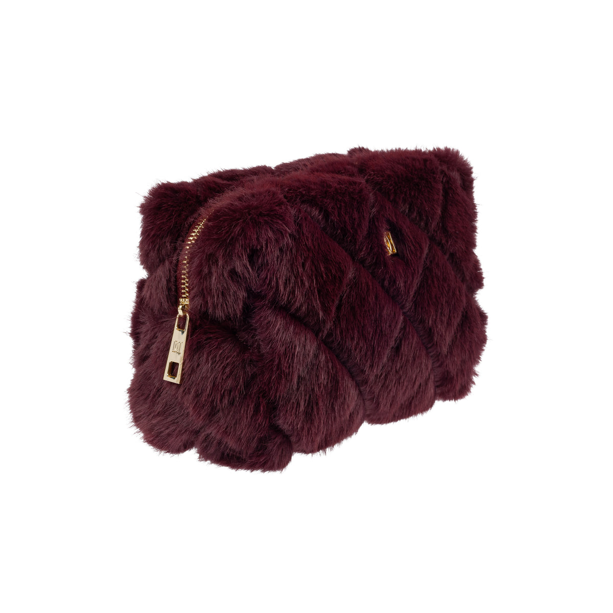 FAUX FUR QUILTED MAKE-UP POUCH SMALL BORDEAUX