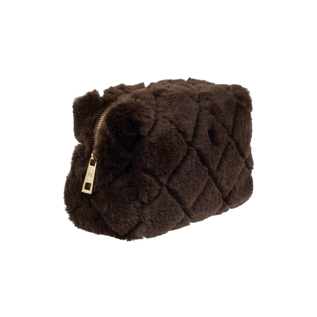 FAUX FUR QUILTED MAKE-UP POUCH SMALL CHOCOLATE BROWN