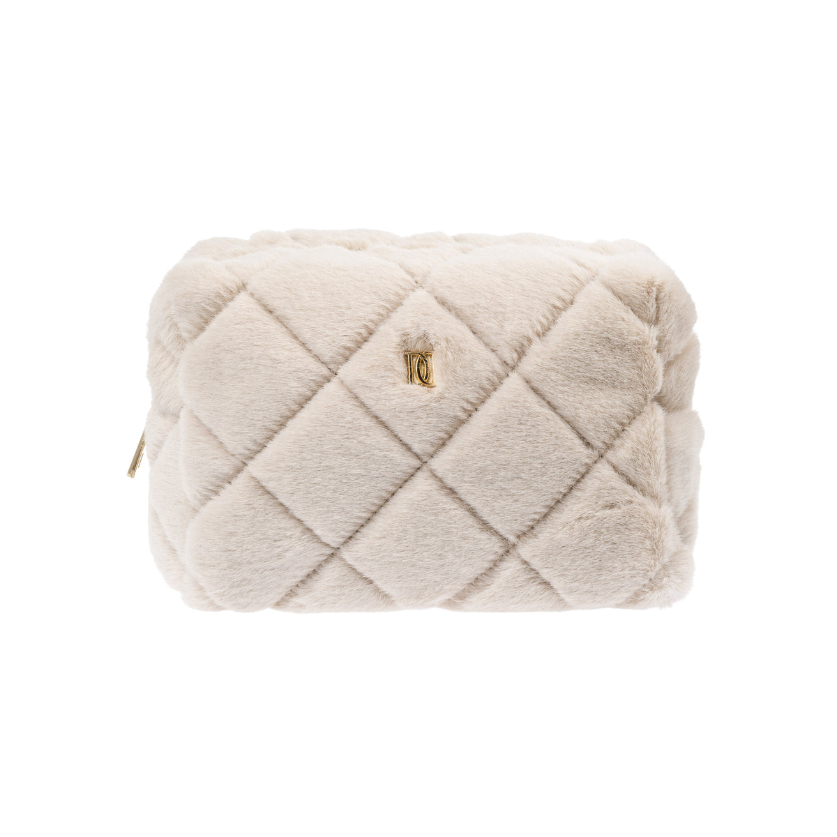 FAUX FUR QUILTED MAKE-UP POUCH SMALL SAND