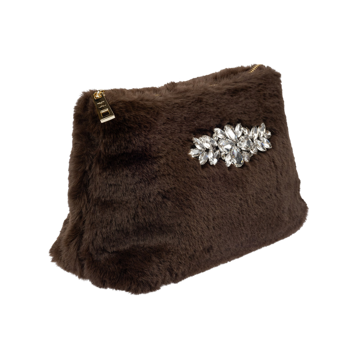 FAUX FUR STANDING POUCH W/CRYSTALS CHOCOLATE BROWN