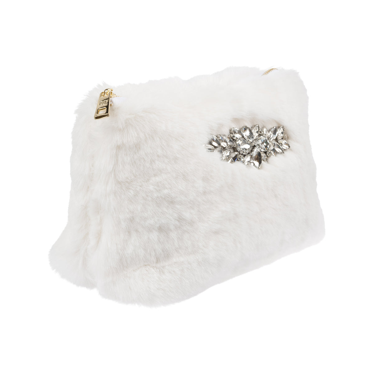FAUX FUR STANDING POUCH W/CRYSTALS OFF WHITE
