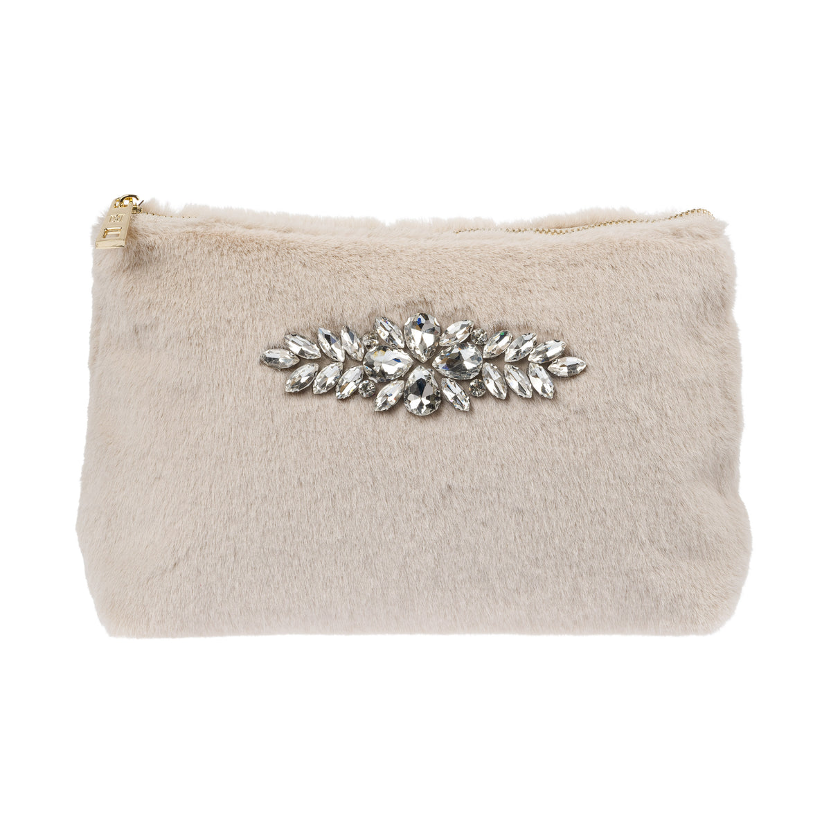 FAUX FUR STANDING POUCH W/CRYSTALS SAND
