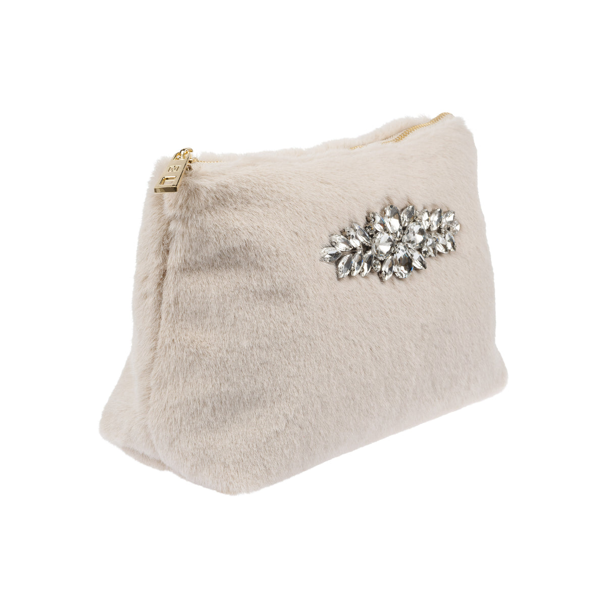 FAUX FUR STANDING POUCH W/CRYSTALS SAND