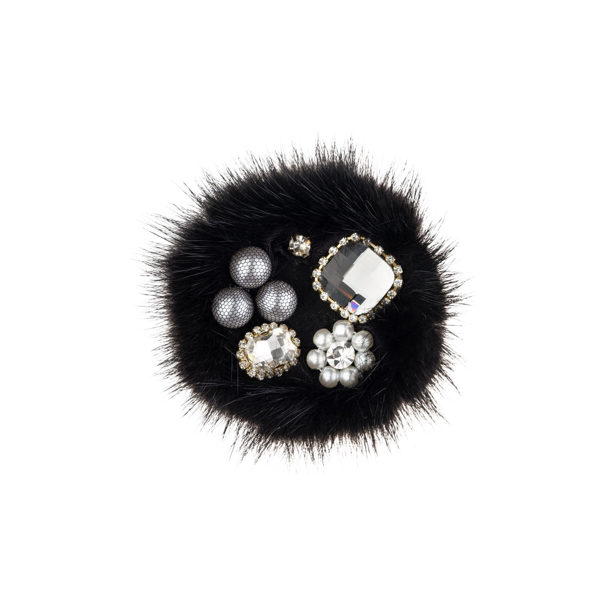 FUR BROOCH W/CRYSTALS & PEARLS BLACK
