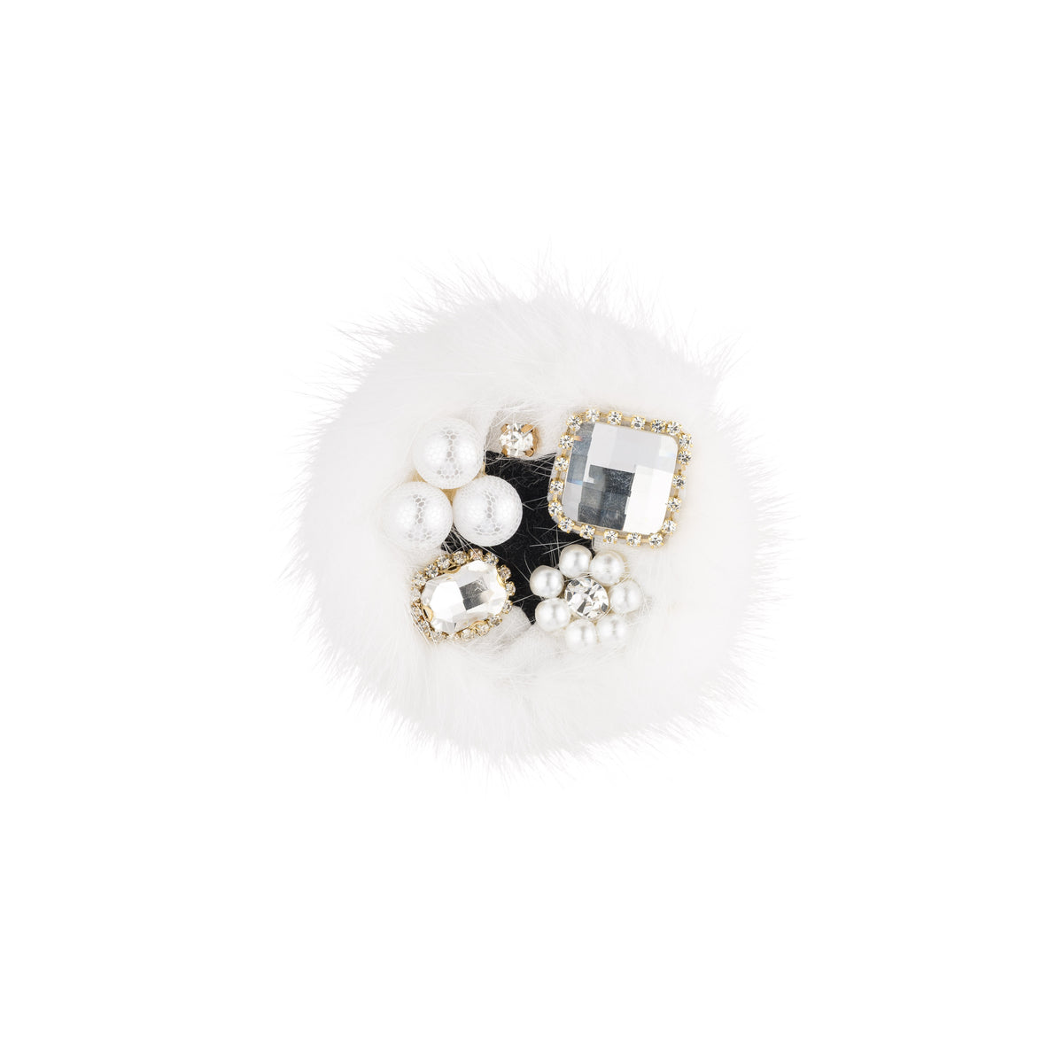 FUR BROOCH W/CRYSTALS & PEARLS WHITE