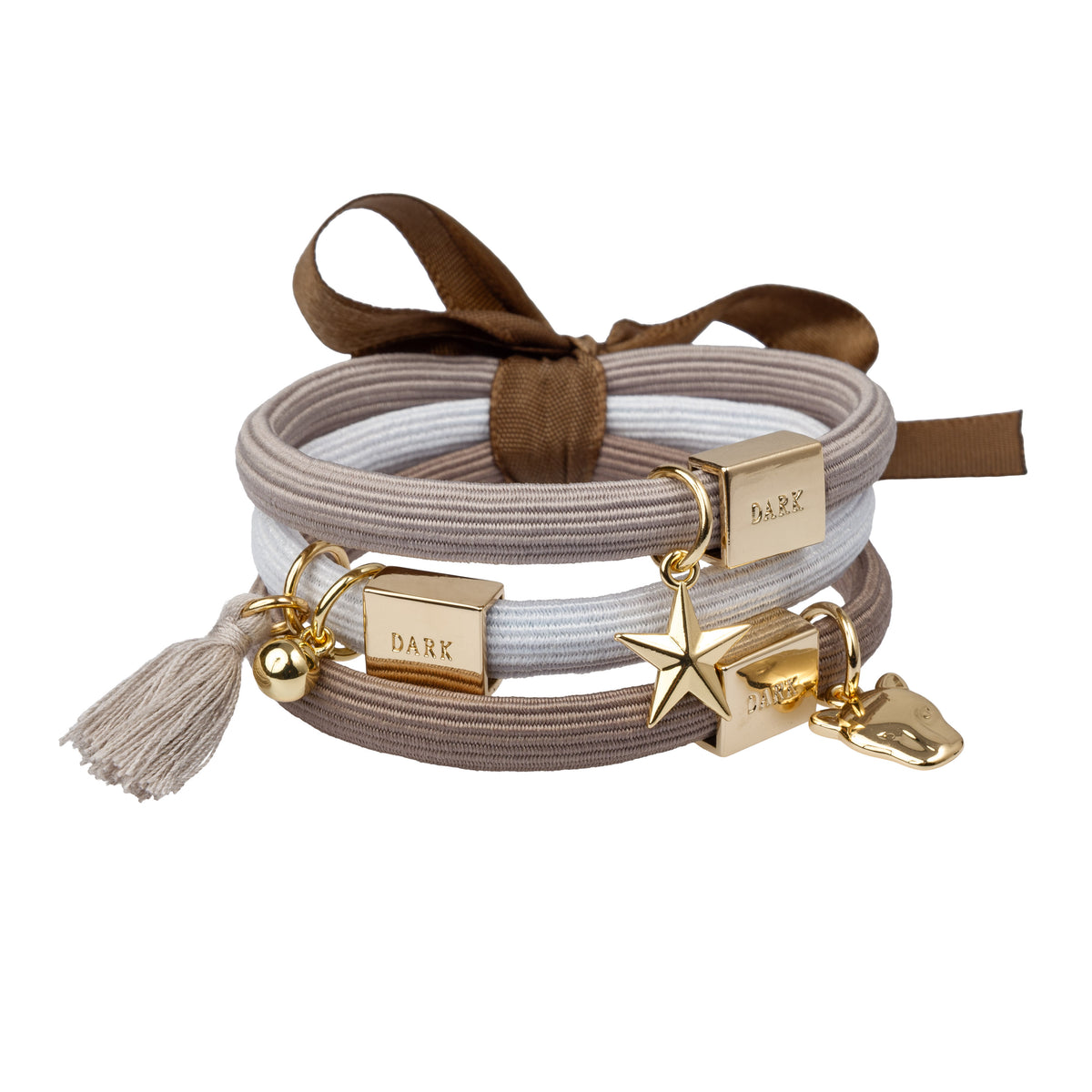 HAIR TIES 3 PK CHARM COMBO WARM TAUPE W/GOLD