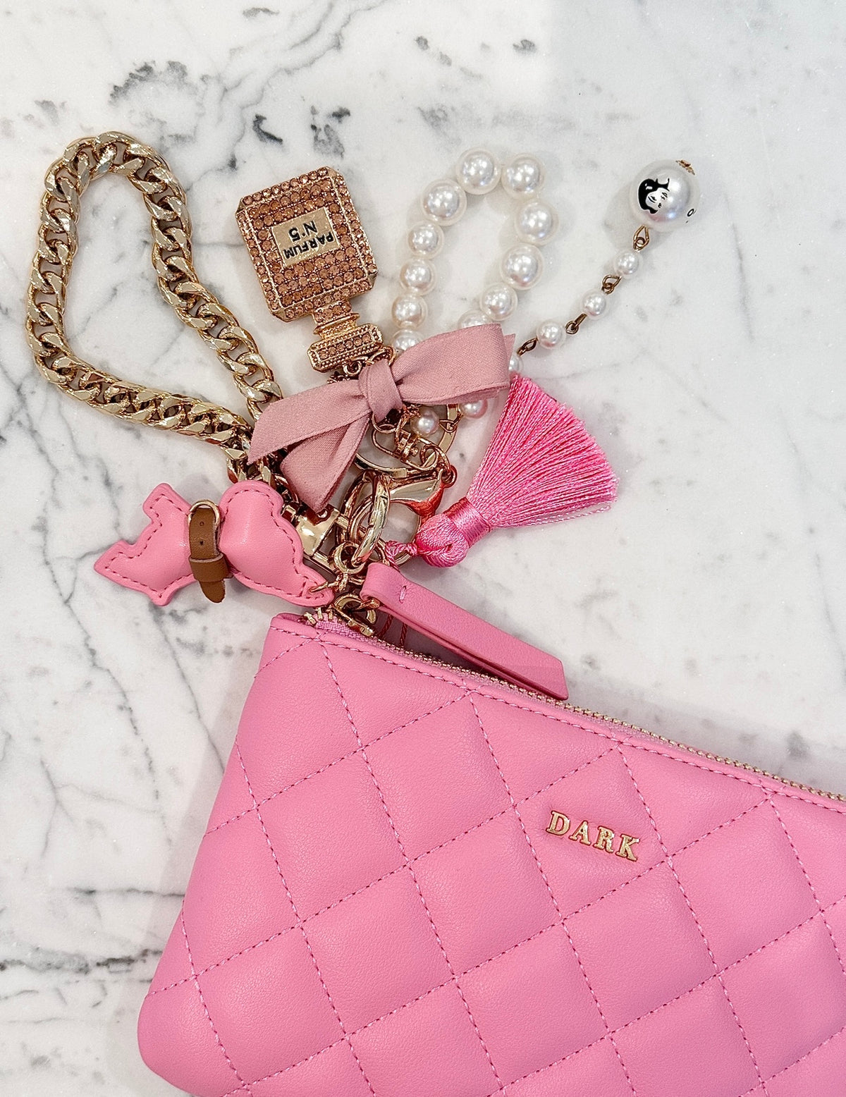 PERFUME & PEARL BAG CHARM W/ROSE BOW