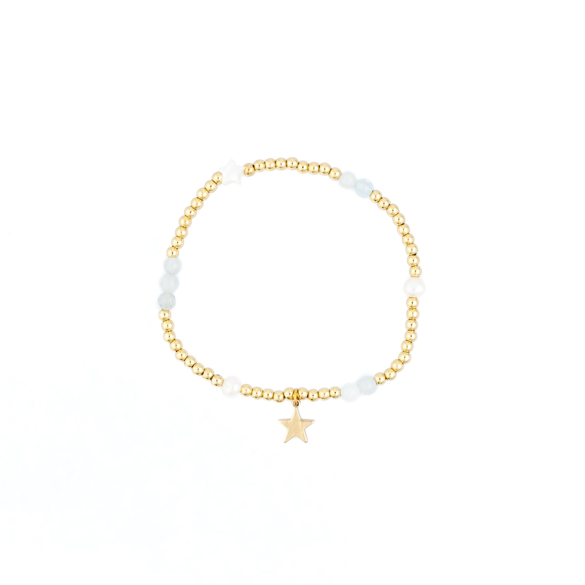 METAL BEAD BRACELET W/STONE BEADS & PEARLS AQUAMARINE MIX