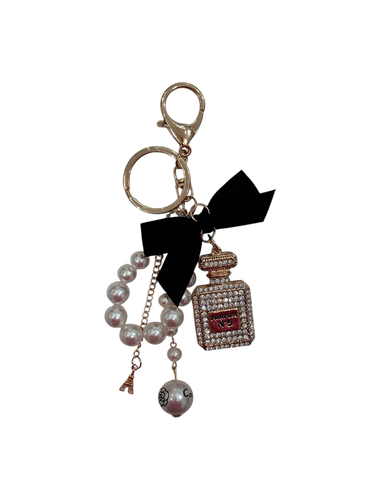 PERFUME & PEARL BAG CHARM W/BLACK BOW