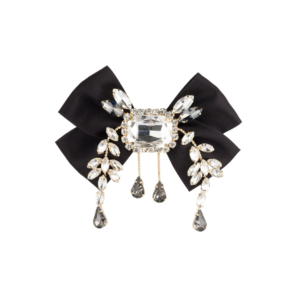 SATIN BOW BROOCH W/CRYSTALS BLACK