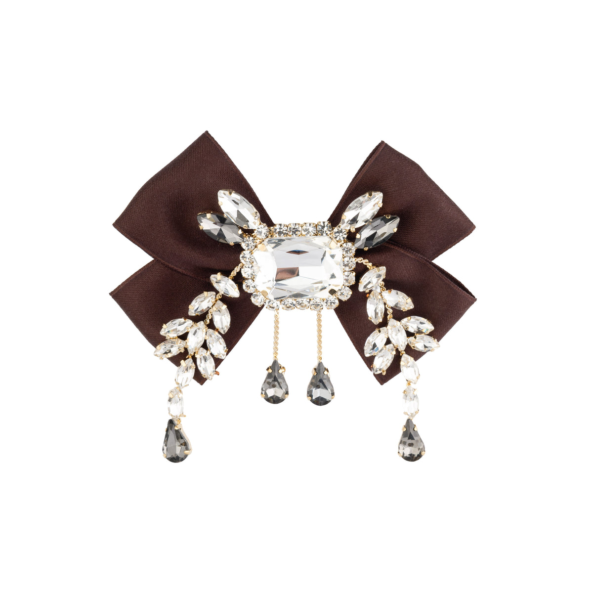 SATIN BOW BROOCH W/CRYSTALS CHOCOLATE BROWN
