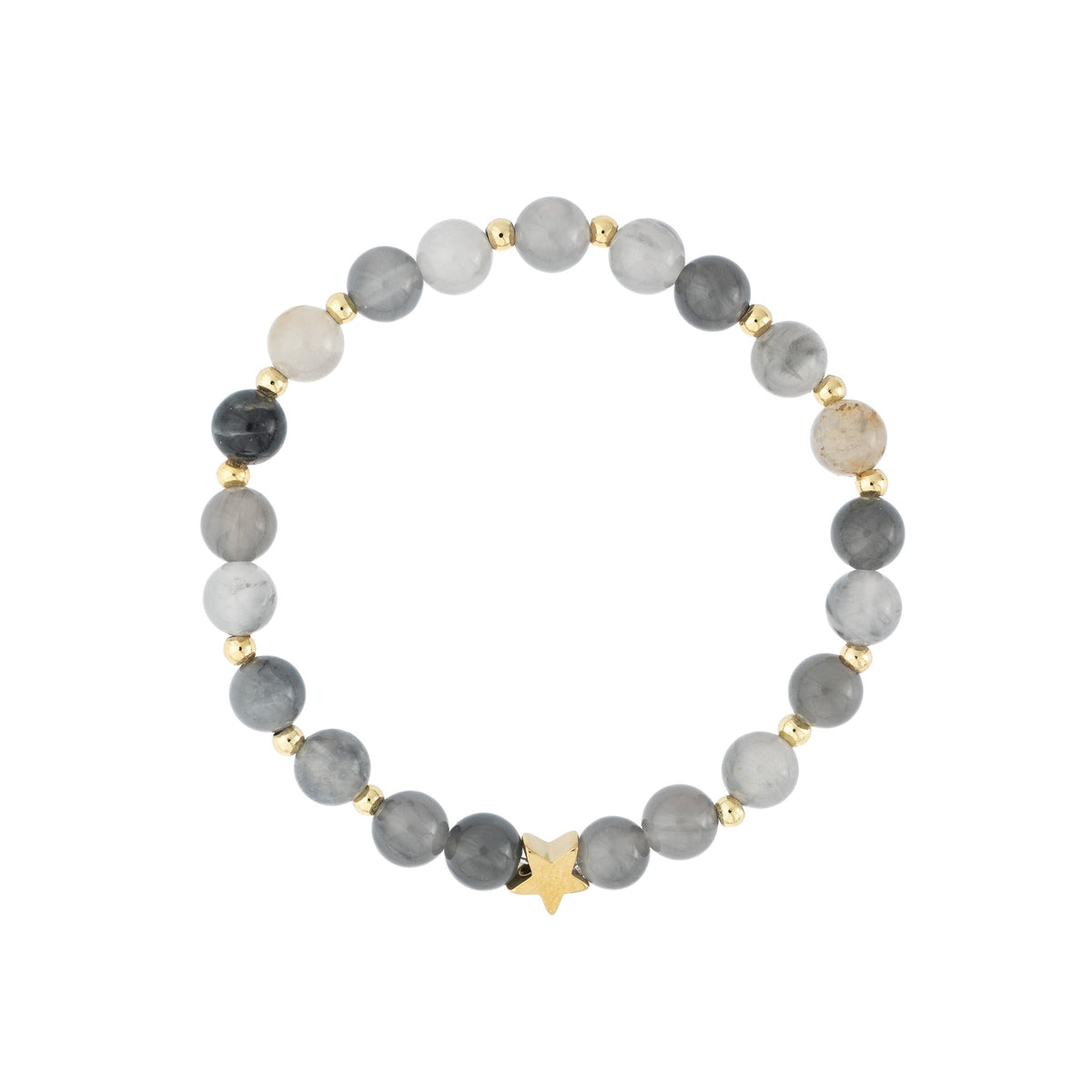 STONE BEAD BRACELET 6 MM W/GOLD BEADS COOL GREY