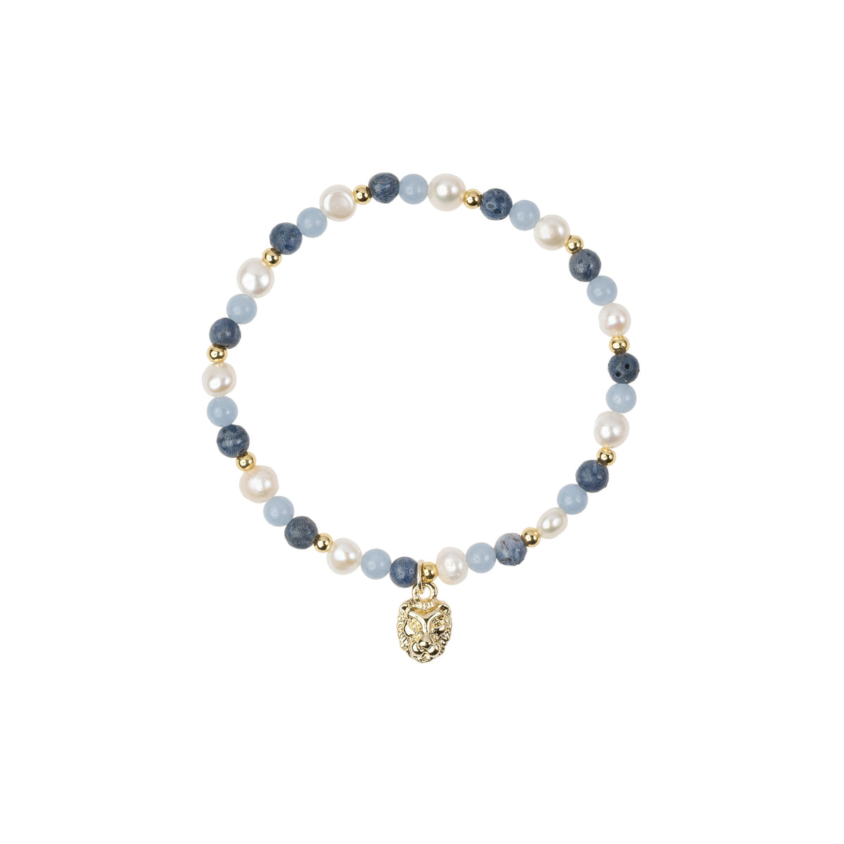 STONE & PEARL BEAD BRACELET 4 MM W/CHARM BLUE MIX