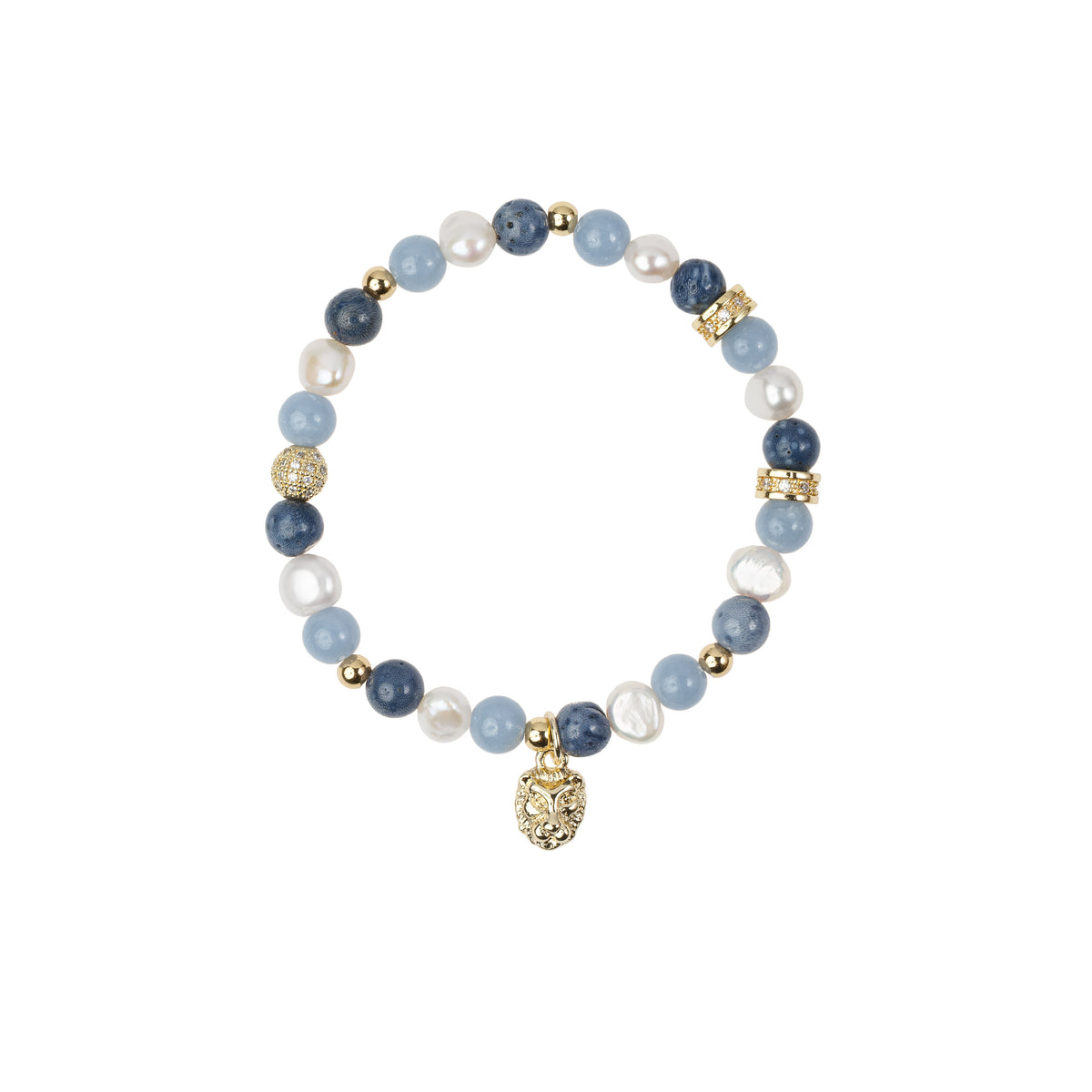 STONE & PEARL BEAD BRACELET 6 MM W/CHARM BLUE MIX