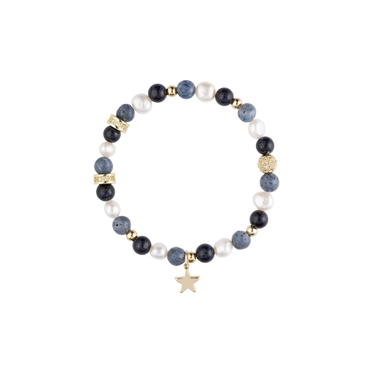 STONE & PEARL BEAD BRACELET 6 MM W/CHARM NAVY BLUE MIX