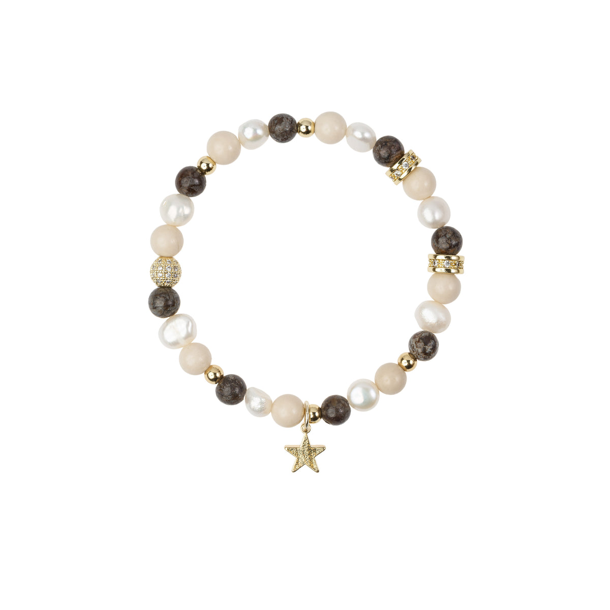 STONE & PEARL BEAD BRACELET 6 MM W/CHARM NEUTRAL MIX