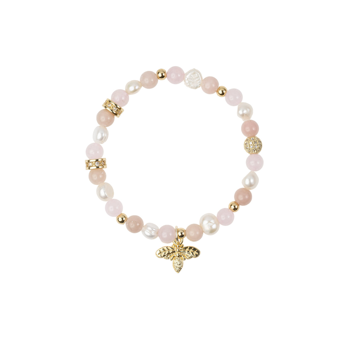 STONE & PEARL BEAD BRACELET 6 MM W/CHARM ROSE MIX