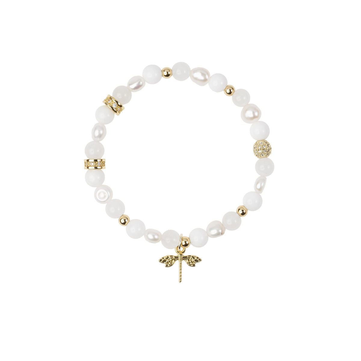 STONE & PEARL BEAD BRACELET 6 MM W/CHARM WHITE MIX