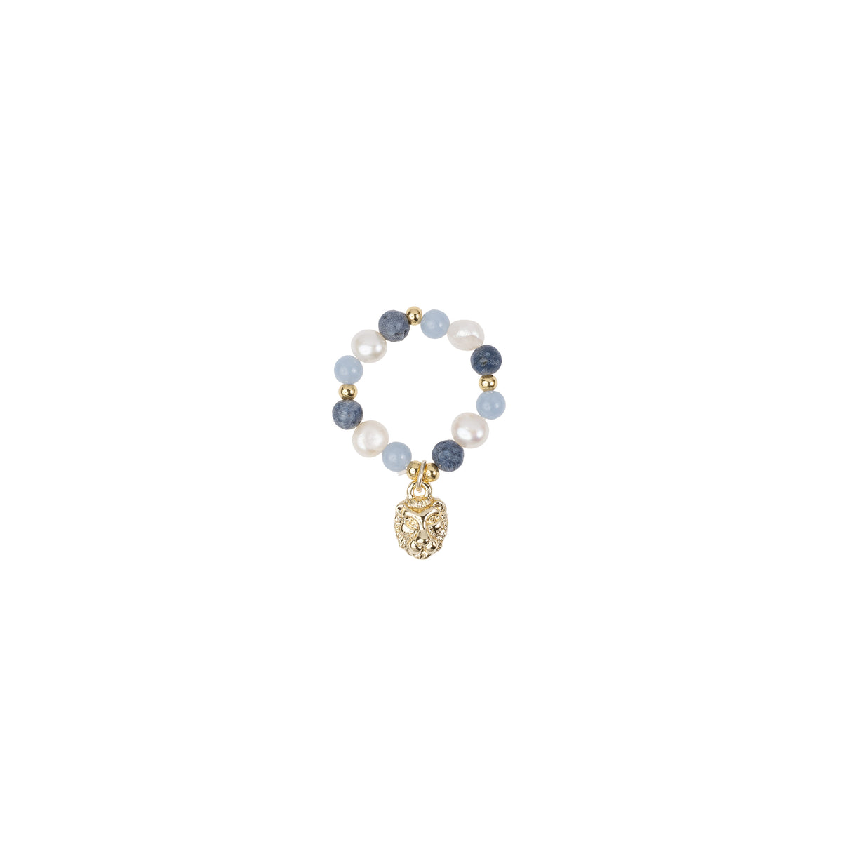 STONE & PEARL BEAD RING 4 MM W/CHARM BLUE MIX