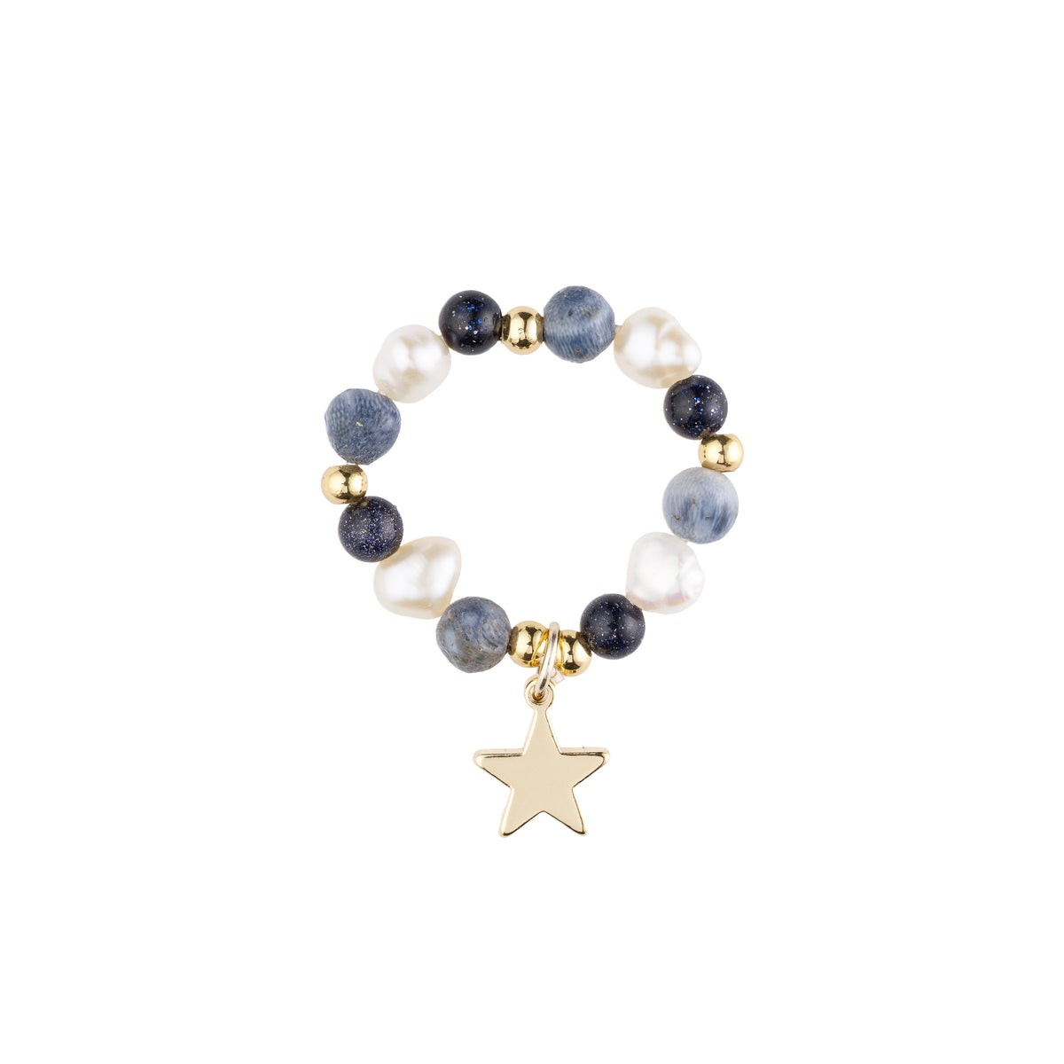 STONE & PEARL BEAD RING 4 MM W/CHARM NAVY BLUE MIX