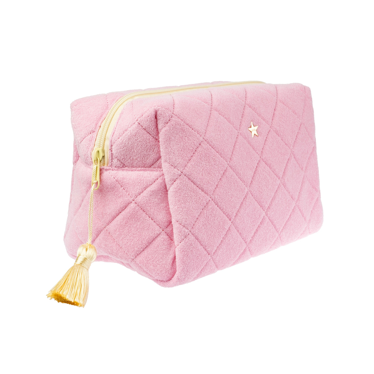 TERRY QUILTED MAKE-UP POUCH LARGE BUBBLEGUM PINK W/PALE YELLOW