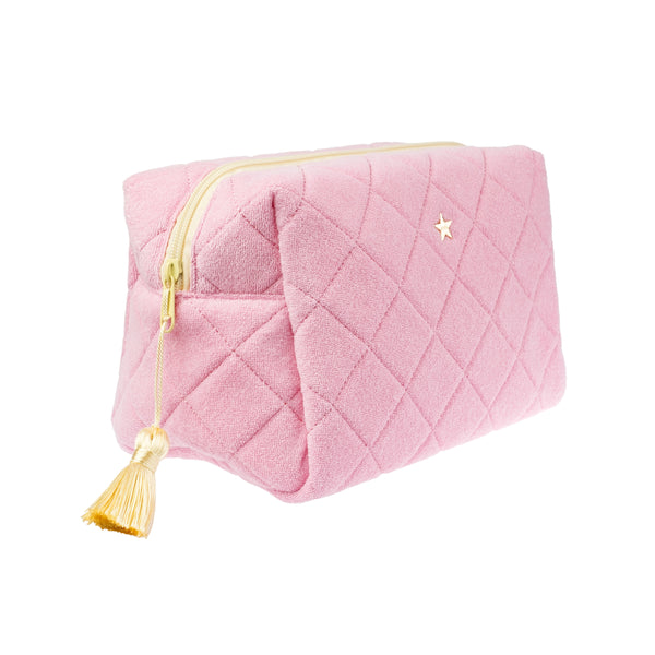 TERRY QUILTED MAKE-UP POUCH LARGE BUBBLEGUM PINK W/PALE YELLOW