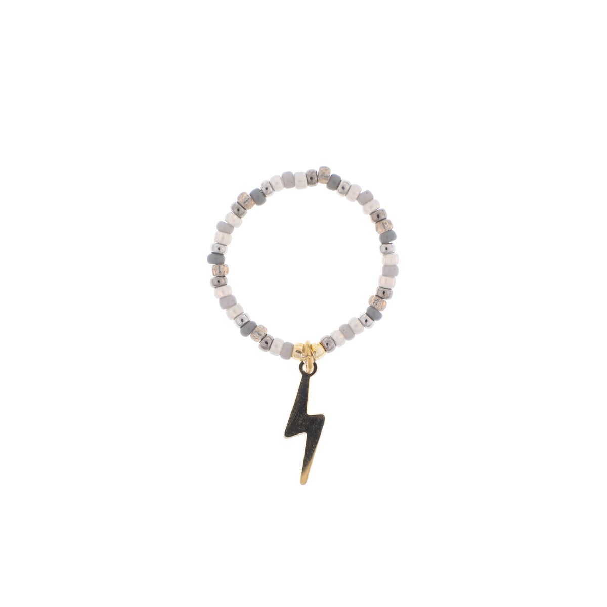 GLASS BEAD RING 2 MM SILVER & GREY MIX W/LIGHTNING CHARM