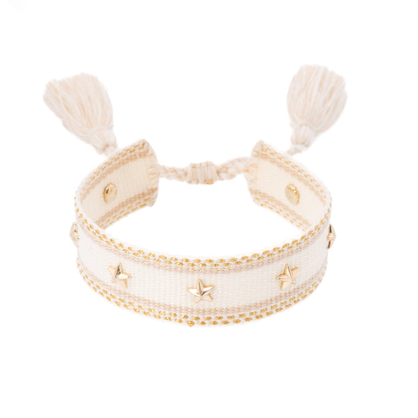 WOVEN FRIENDSHIP BRACELET W/STAR STUDS VANILLA W/GOLD WOVEN FRIENDSHIP BRACELET W/STAR STUDS VANILLA W/GOLD