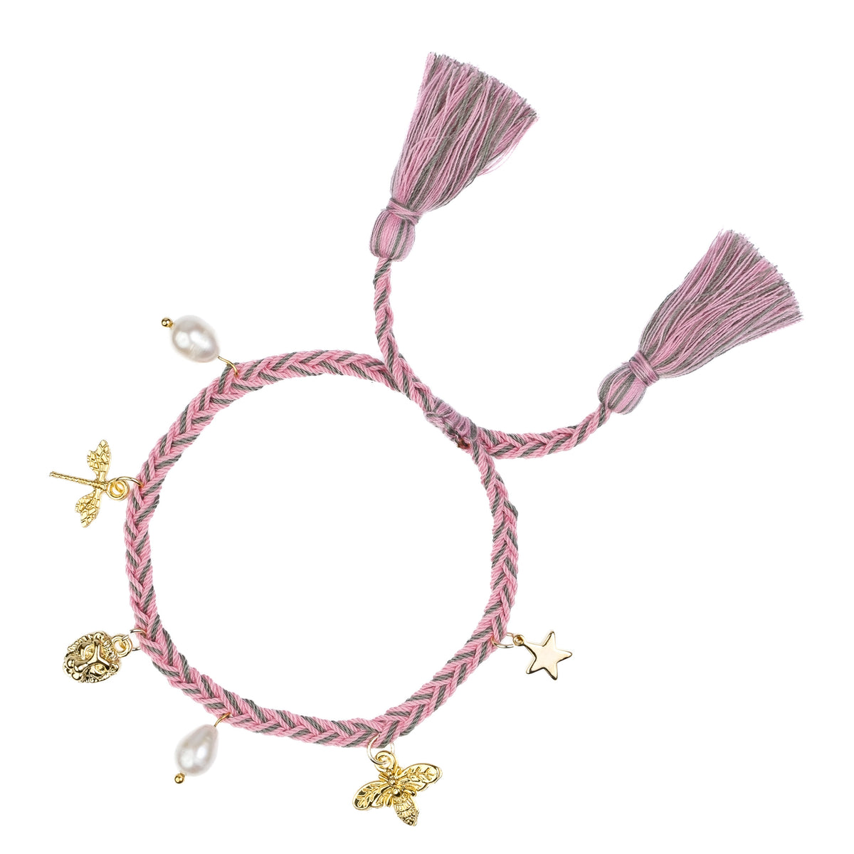 WOVEN FRIENDSHIP BRACELET W/CHARMS BUBBLEGUM PINK & MILIEU GREEN MIX