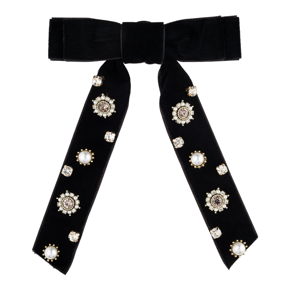 VELVET BOW BROOCH W/CRYSTALS & PEARLS BLACK