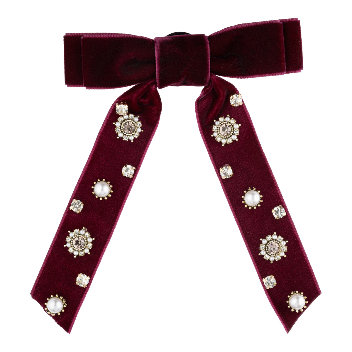 VELVET BOW BROOCH W/CRYSTALS & PEARLS BORDEAUX