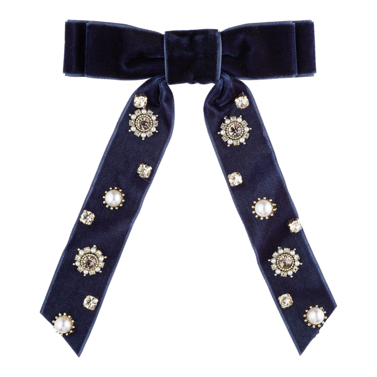 VELVET BOW BROOCH W/CRYSTALS & PEARLS NAVY BLUE