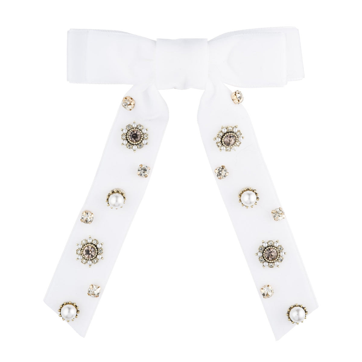 VELVET BOW BROOCH W/CRYSTALS & PEARLS WHITE