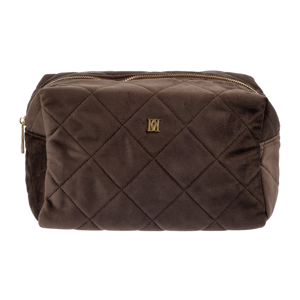 VELVET SQUARE QUILTED MAKE-UP POUCH LARGE CHOCOLATE BROWN