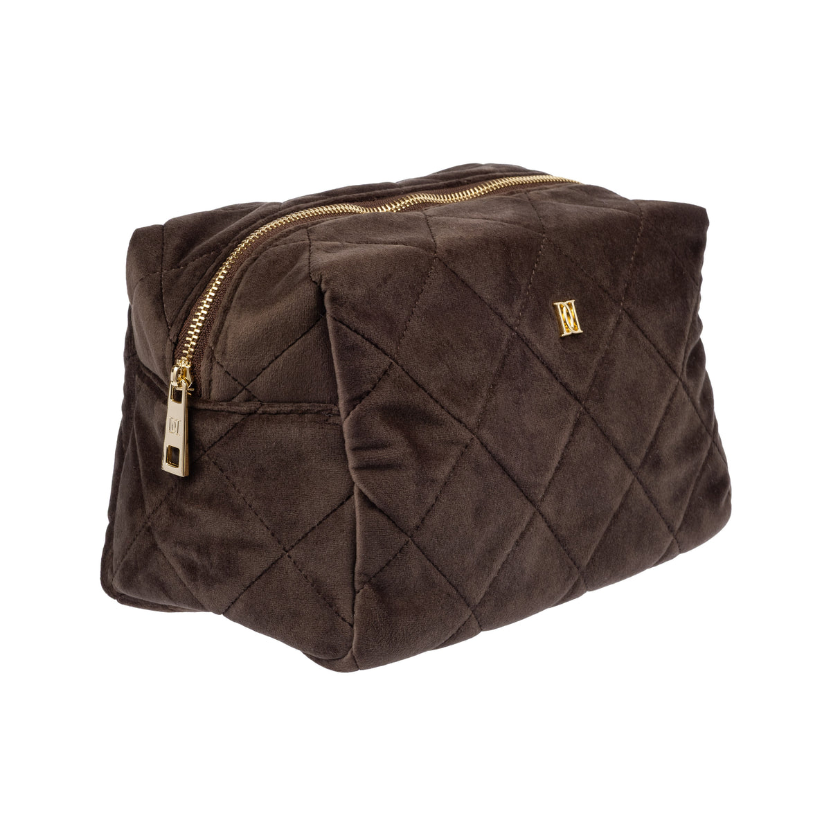 VELVET SQUARE QUILTED MAKE-UP POUCH LARGE CHOCOLATE BROWN