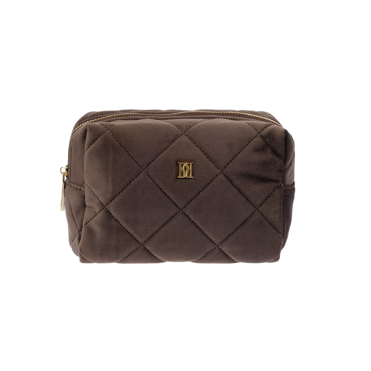VELVET SQUARE QUILTED MAKE-UP POUCH SMALL CHOCOLATE BROWN