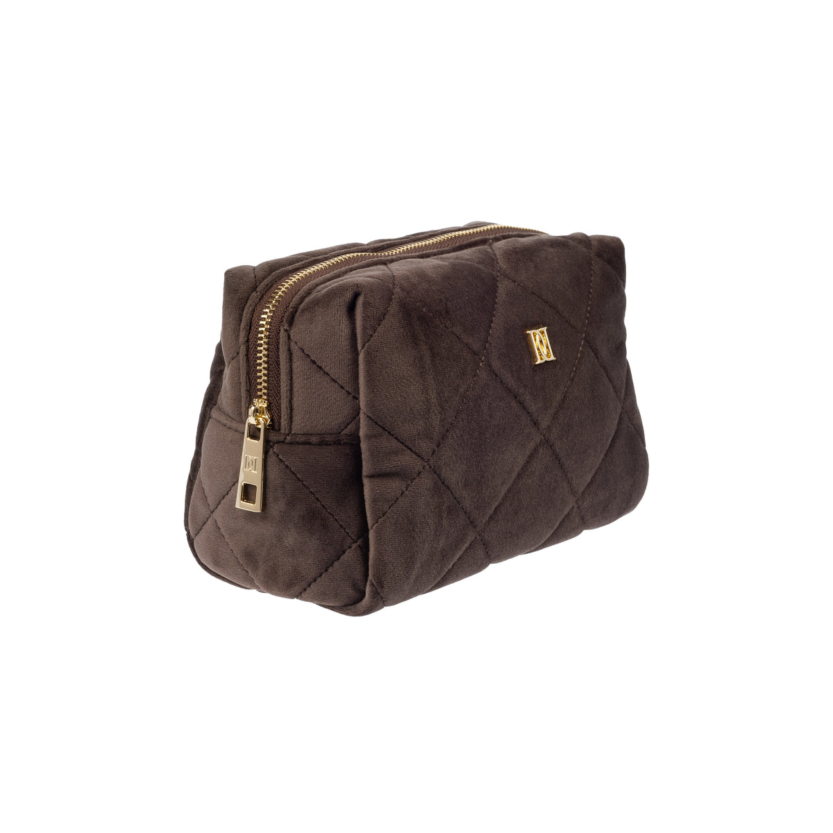 VELVET SQUARE QUILTED MAKE-UP POUCH SMALL CHOCOLATE BROWN