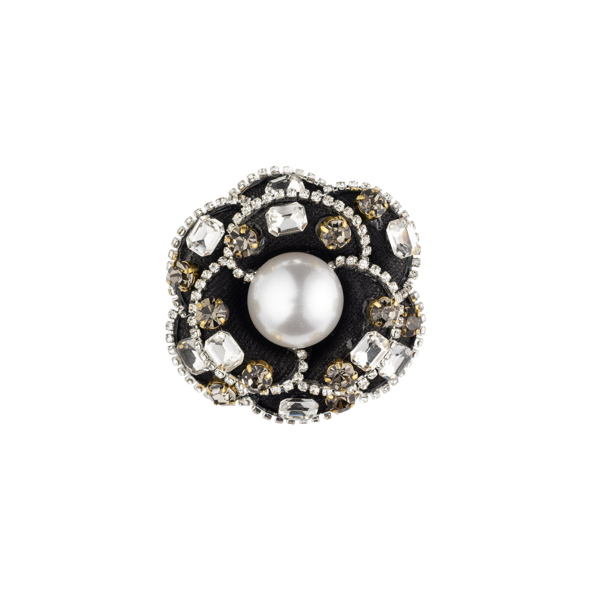 VINTAGE FLOWER BROOCH W/CRYSTALS & PEARL BLACK