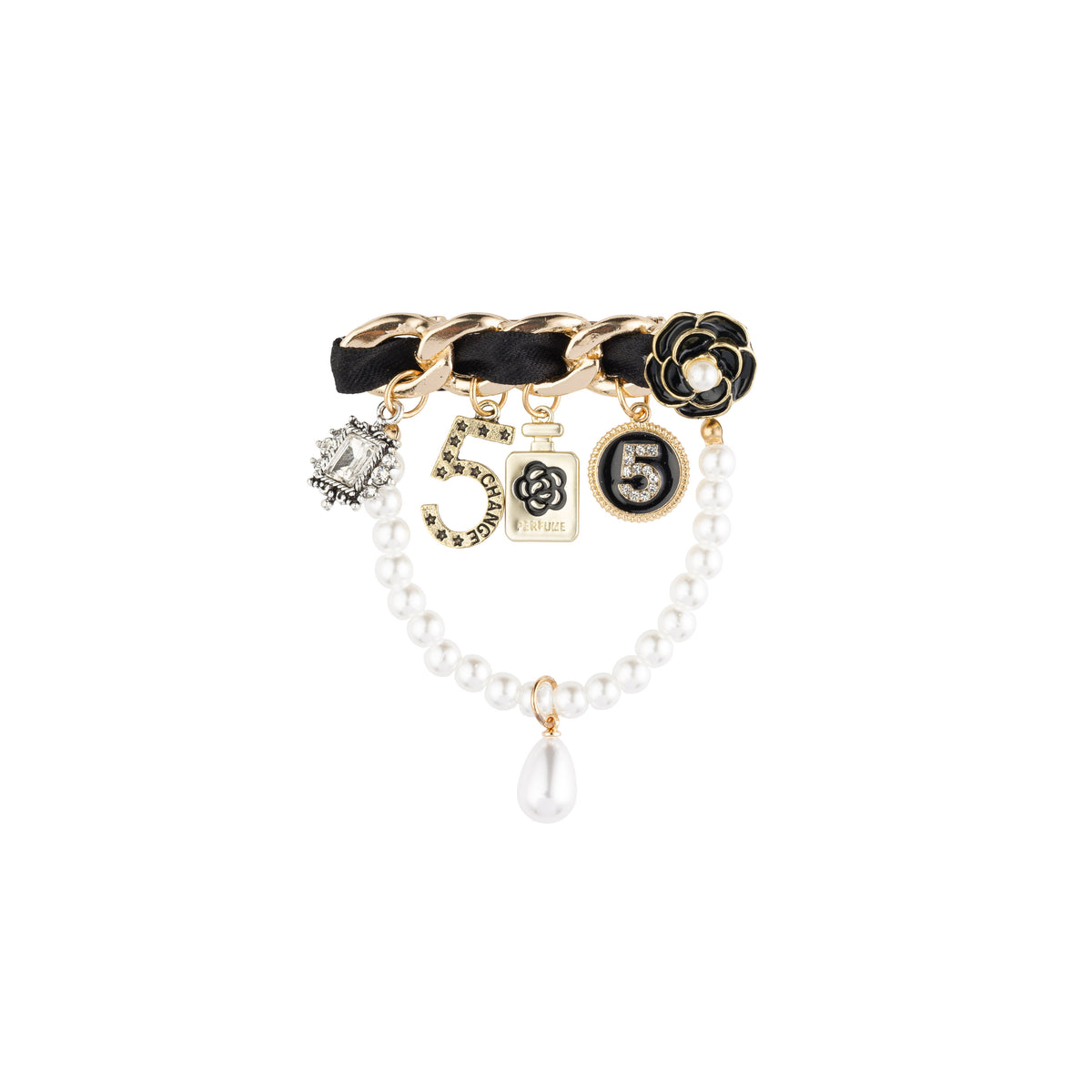 VINTAGE PEARL CHAIN BROOCH BLACK