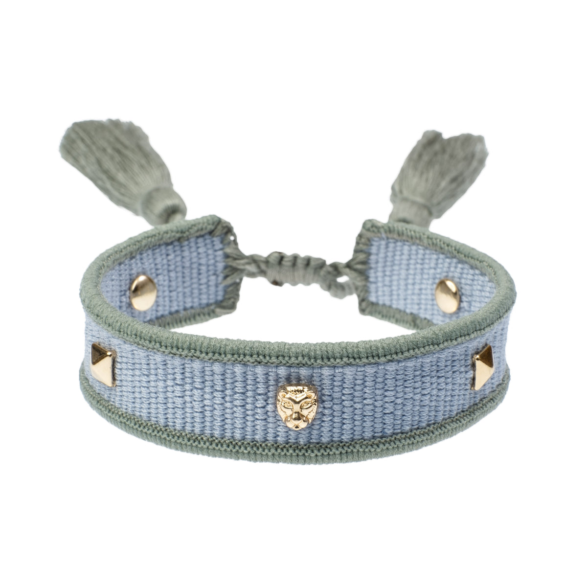 WOVEN FRIENDSHIP BRACELET THIN W/SIGN STUDS Cool Blue & Milieu Green