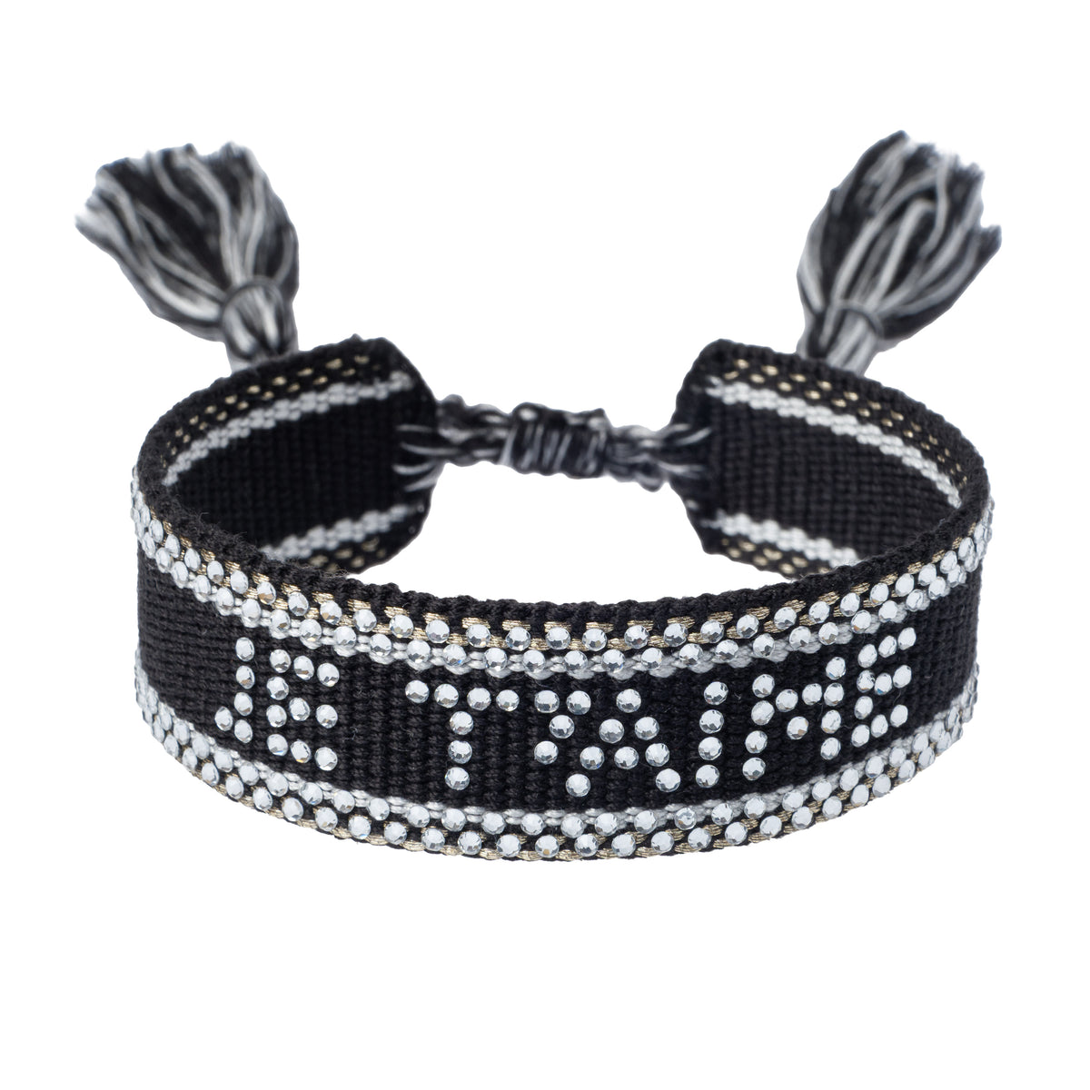 WOVEN FRIENDSHIP BRACELET W/CRYSTALS "Je T'aime" BLACK