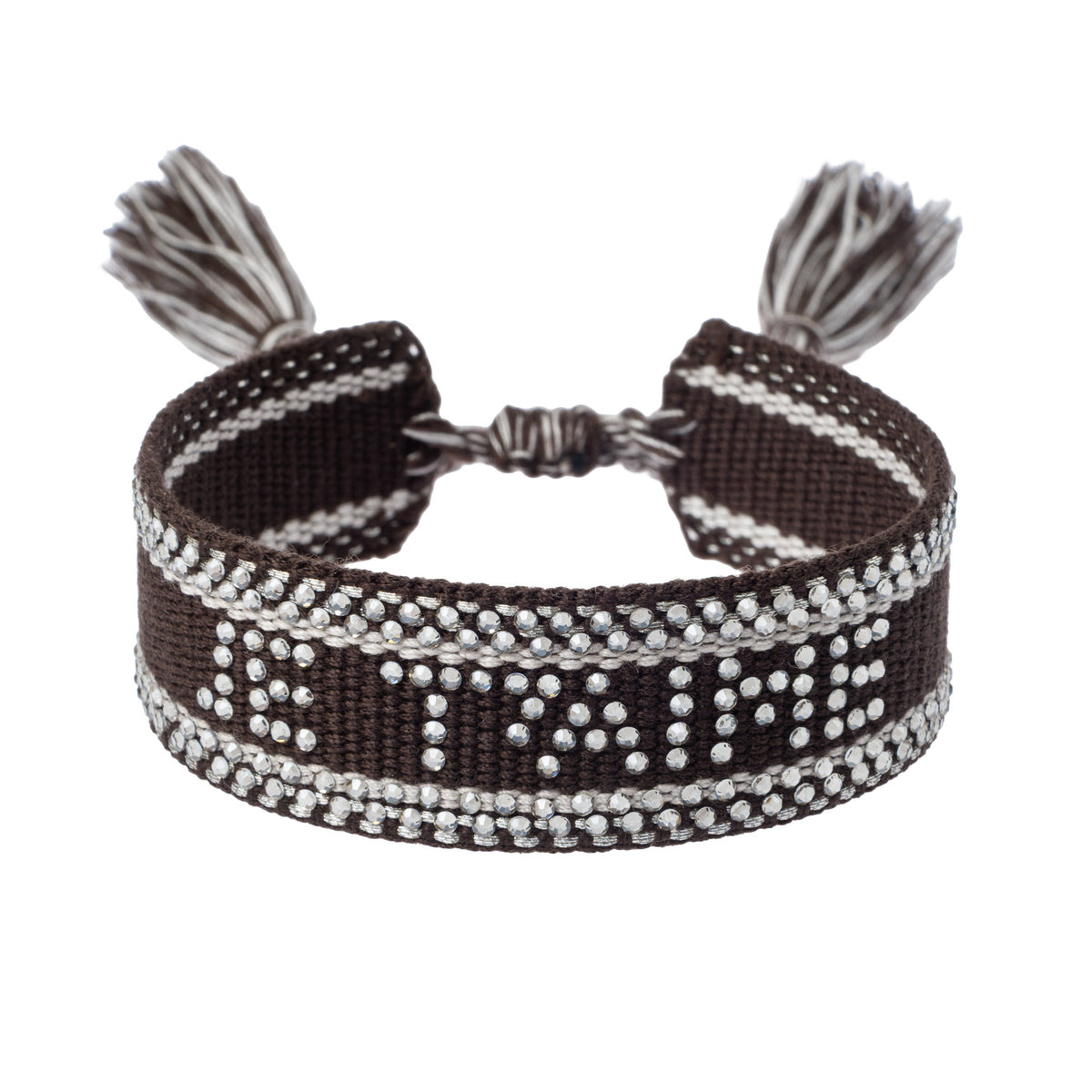 WOVEN FRIENDSHIP BRACELET W/CRYSTALS "Je T'aime" CHOCOLATE BROWN