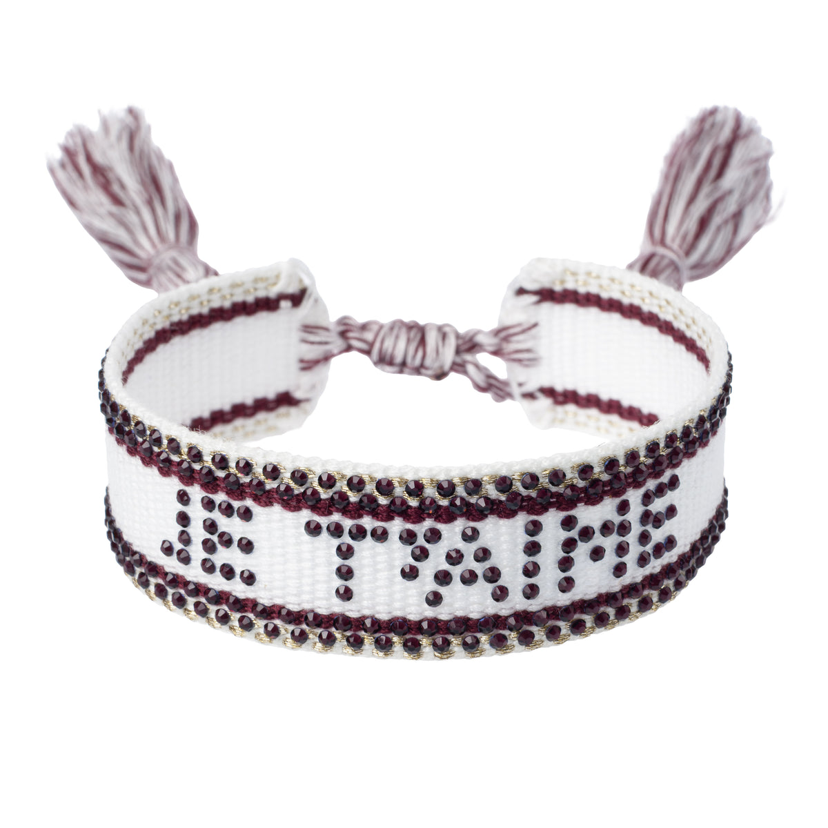 WOVEN FRIENDSHIP BRACELET W/CRYSTALS "Je T'aime" WHITE W/BORDEAUX