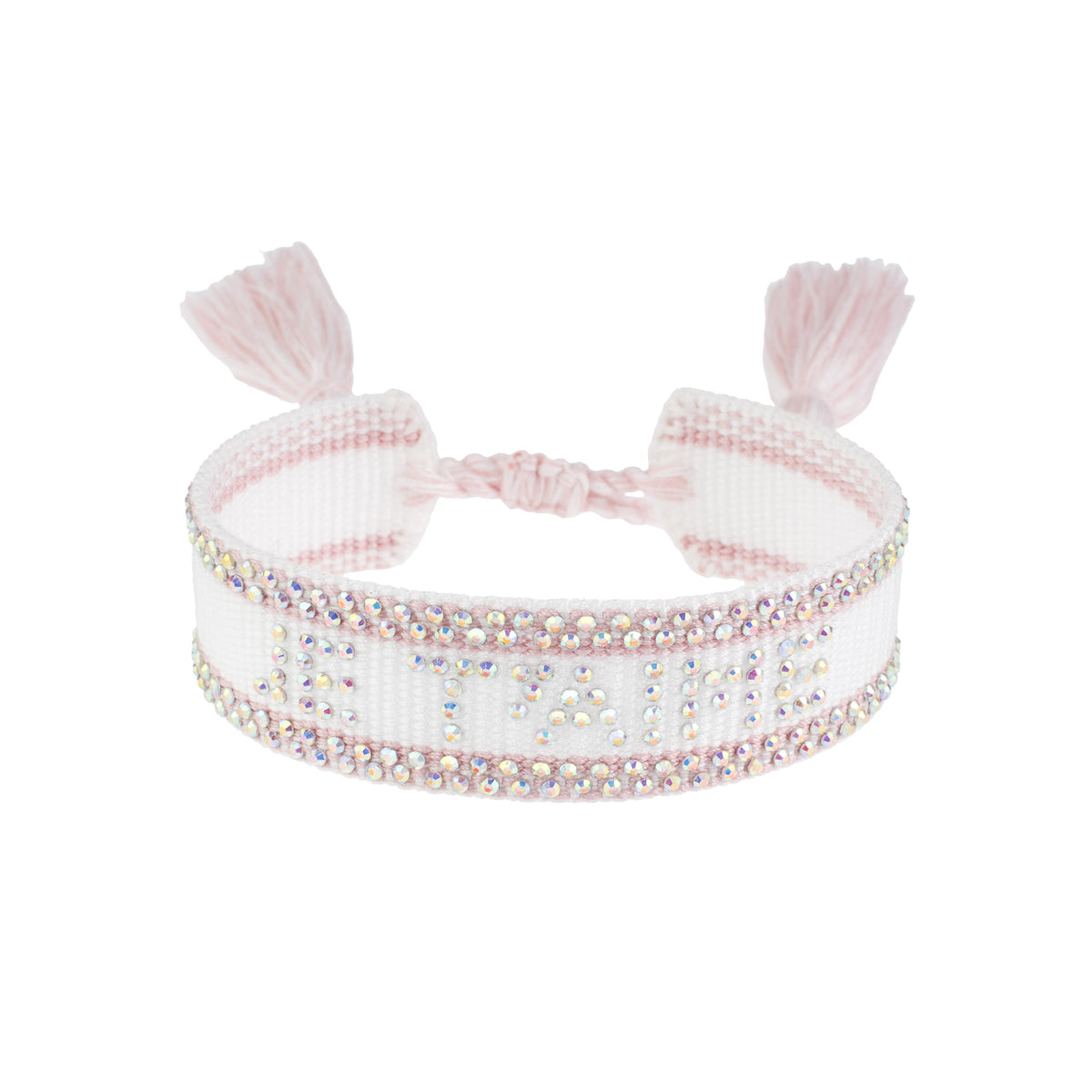 WOVEN FRIENDSHIP BRACELET W/CRYSTALS "Je T´aime" White W/Light Rose