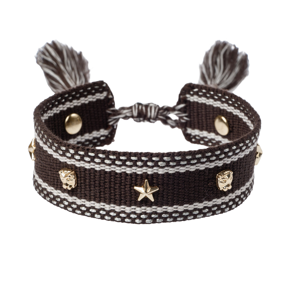 WOVEN FRIENDSHIP BRACELET W/STAR STUDS CHOCOLATE BROWN W/GOLD