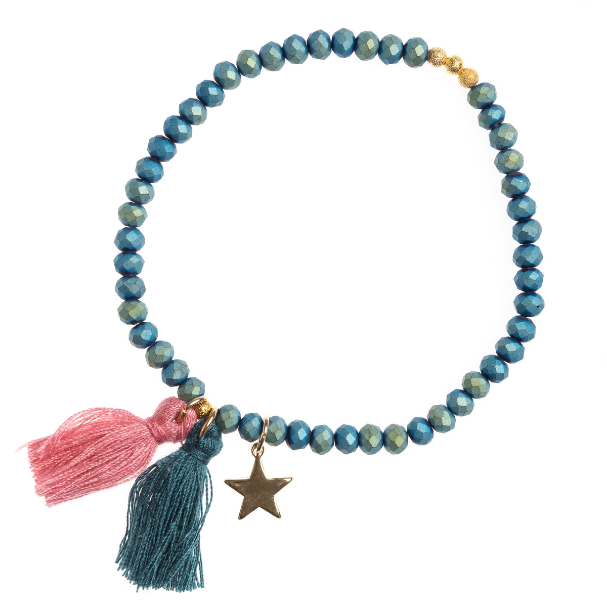 CRYSTAL BEAD BRACELET 4 MM W/TASSEL MALLARD GREEN W/BLUSH ROSE